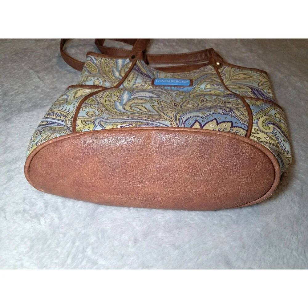 Longaberger Small Tote Blue And Green Paisley Print Faux Leather Trim & Handles